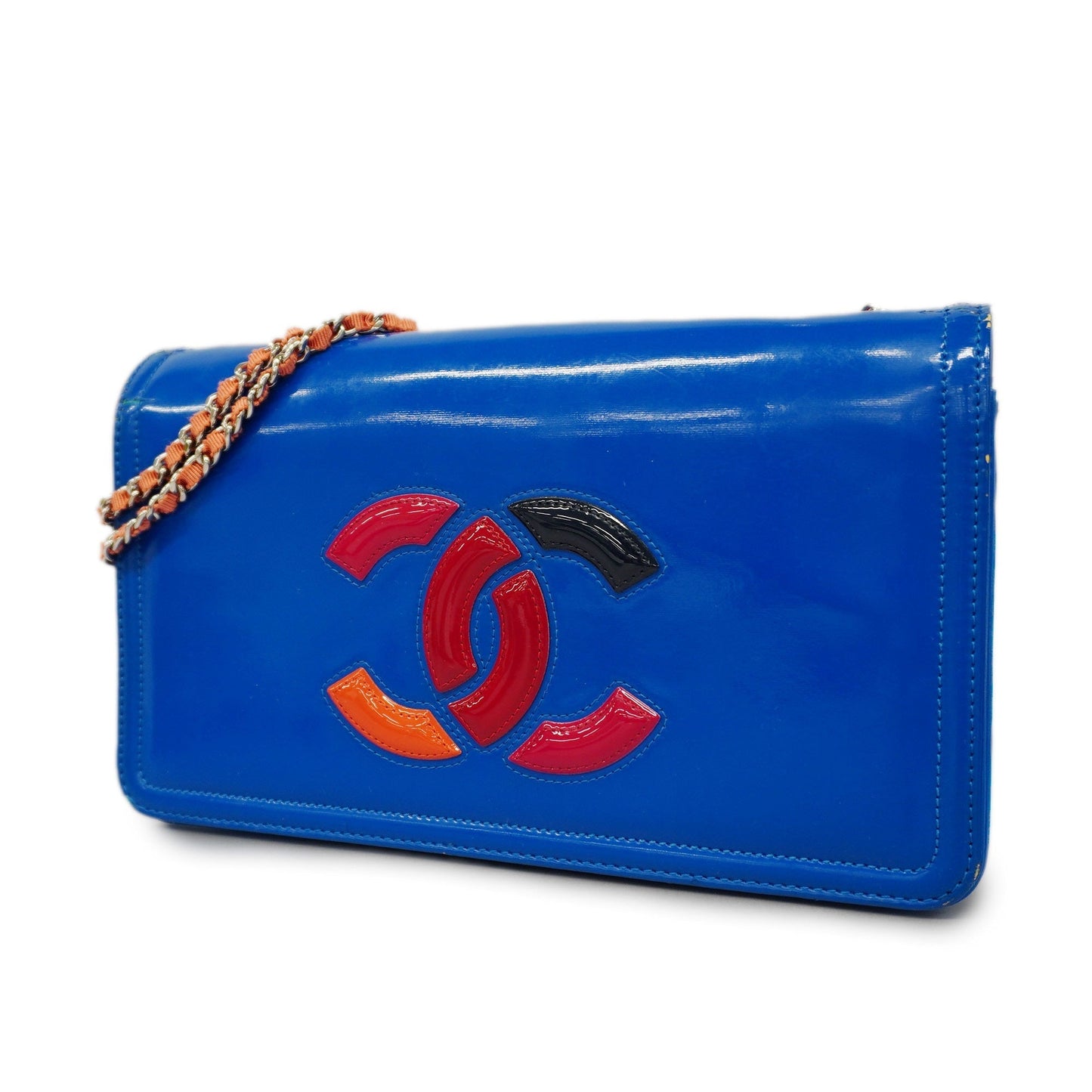 CHANEL  W Chain Women's Patent Leather Shoulder Bag Blue