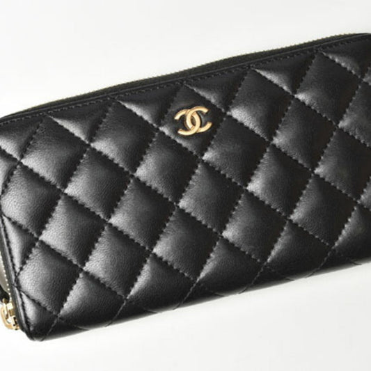 Luxury Chanel Wallet A50097  Long Round Zipper Timeless Classic Matelasse Lambskin Black Bordeaux