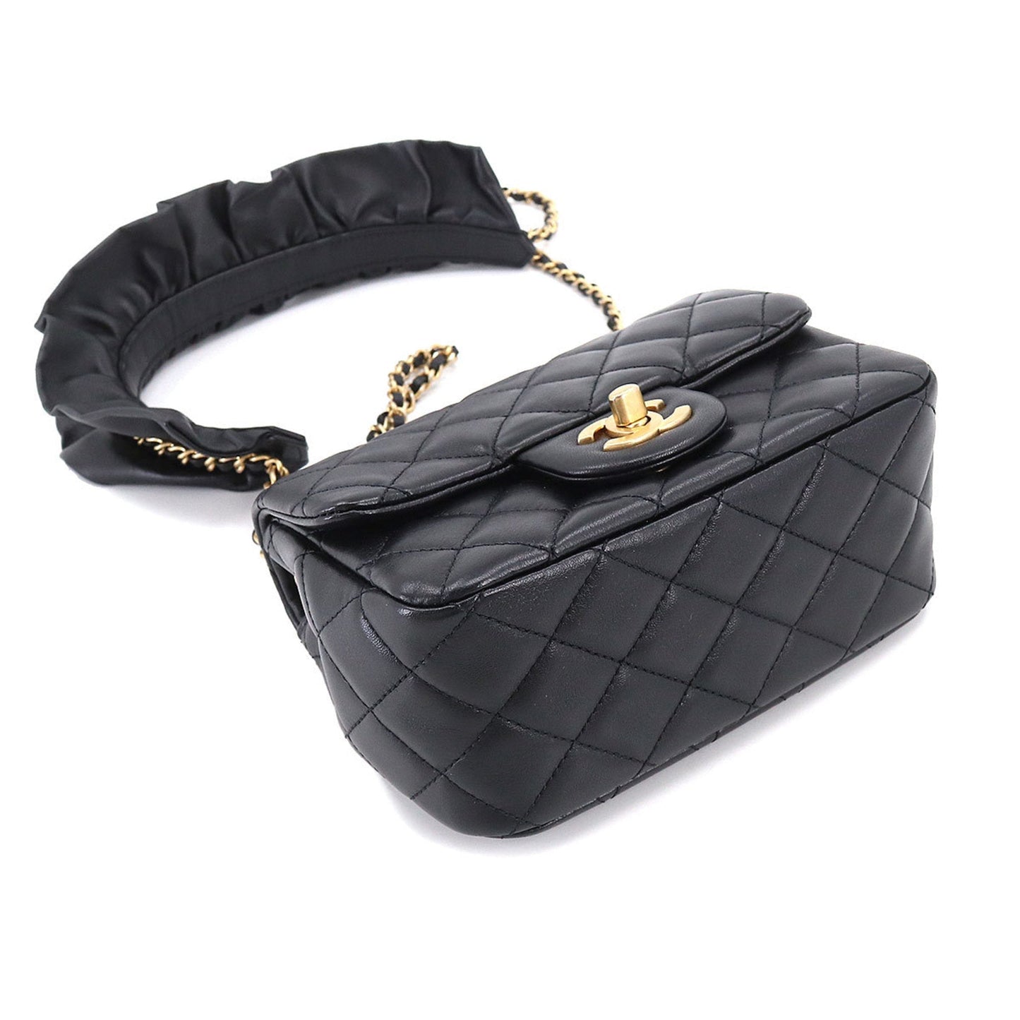 Luxury Chanel Mini Matelasse Frill Chain Shoulder Bag Leather Black Gold Hardware