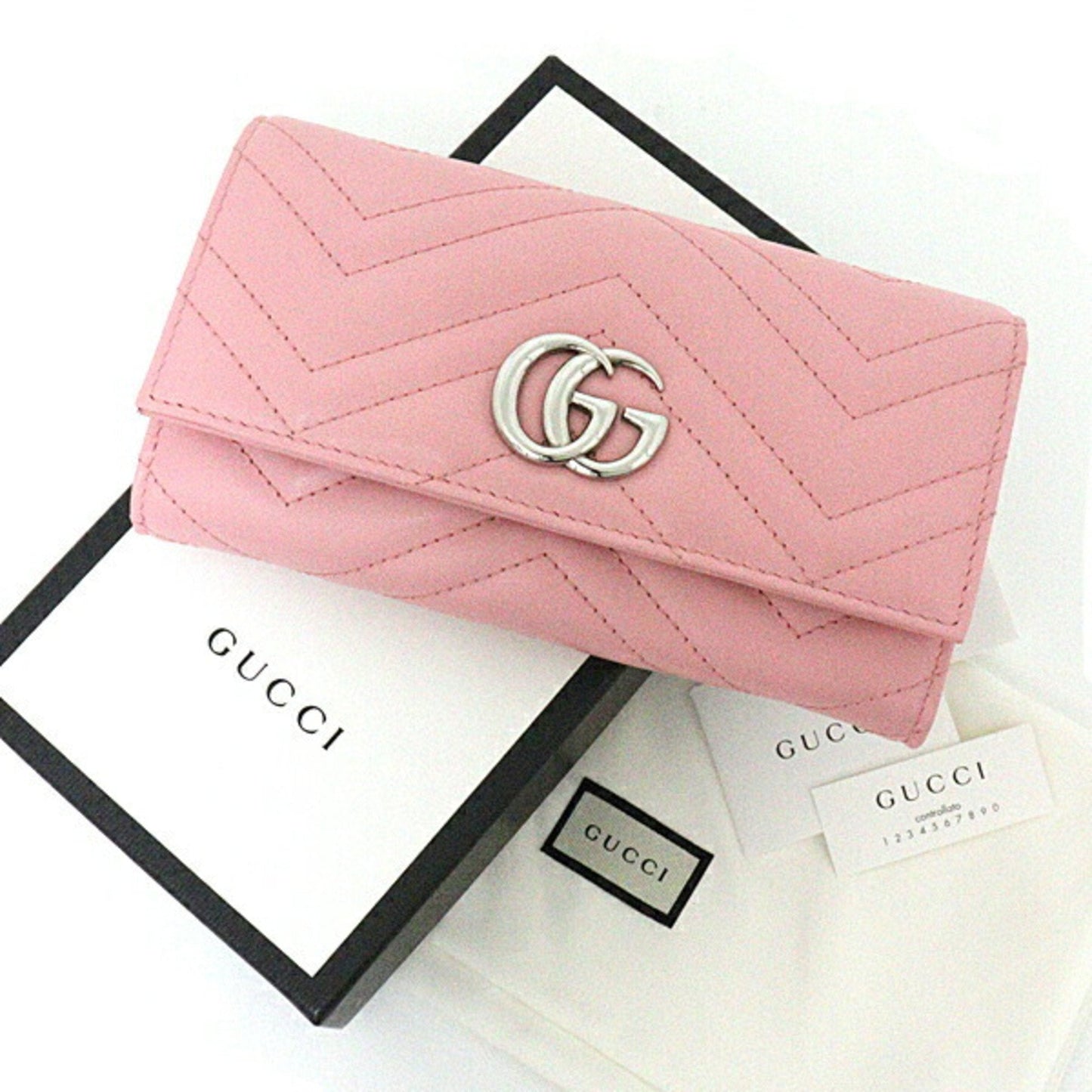 Luxury Gucci GG Marmont Continental Wallet Bifold Long Double G Chevron Quilted Leather 443436 Pink Silver Hardware