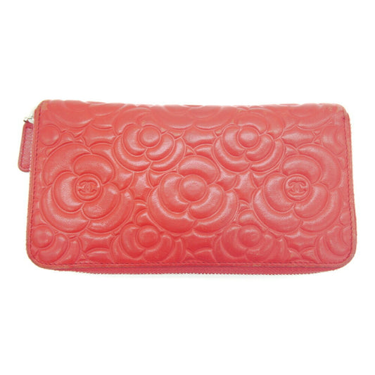 Luxury Chanel camellia embossed round long wallet lambskin red A82281