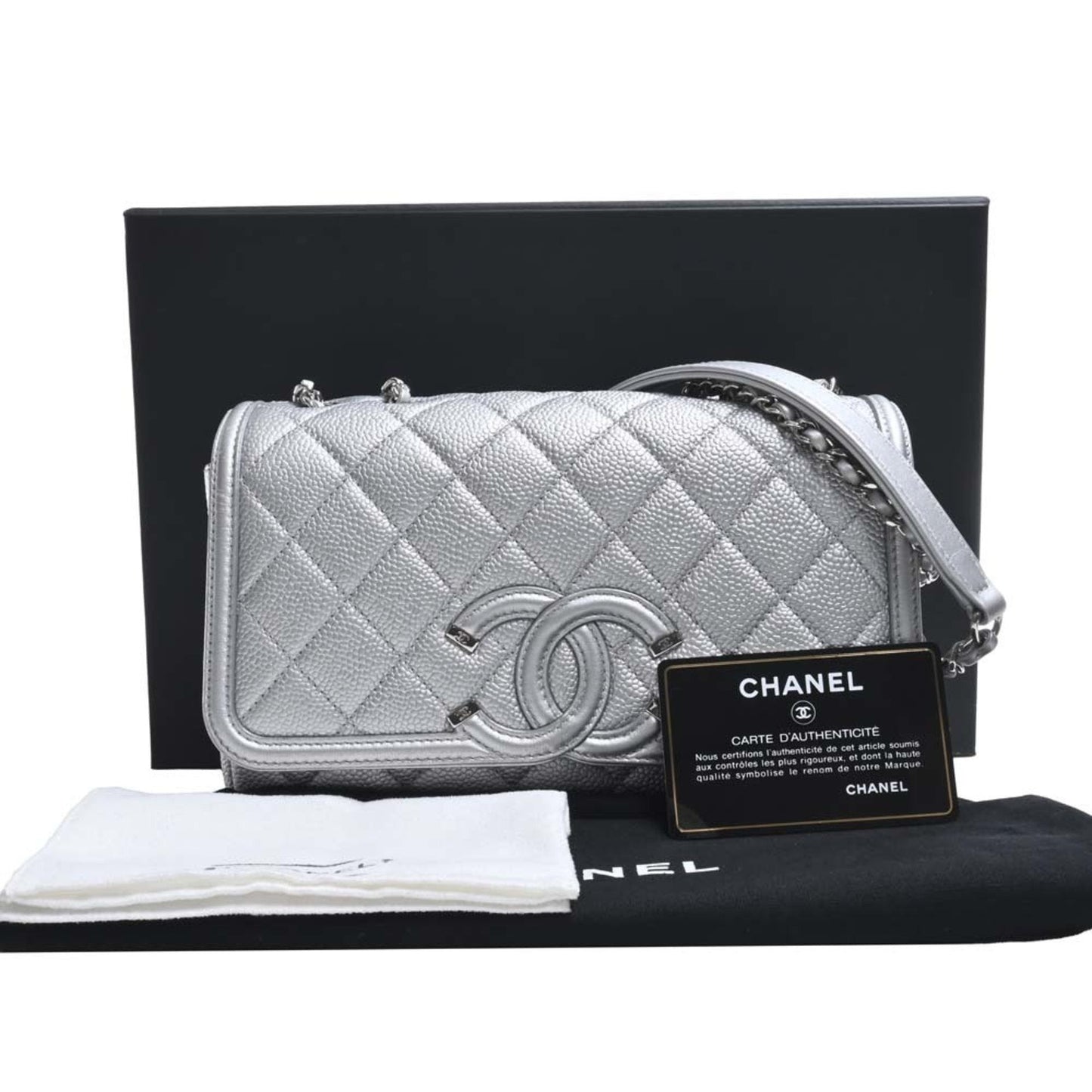 Luxury Chanel Caviar Skin Matelasse CC Filigree Chain Shoulder Bag Silver Ladies