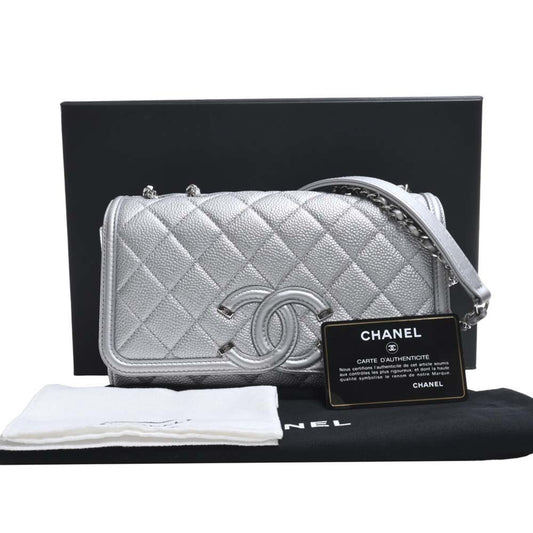 Luxury Chanel Caviar Skin Matelasse CC Filigree Chain Shoulder Bag Silver Ladies
