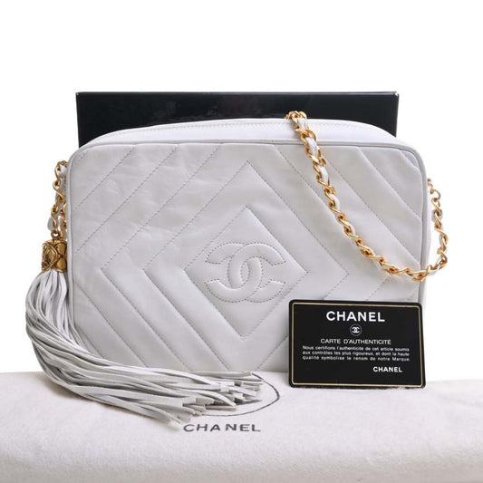 Luxury Chanel Leather Coco Mark Chain Shoulder Bag White Ladies