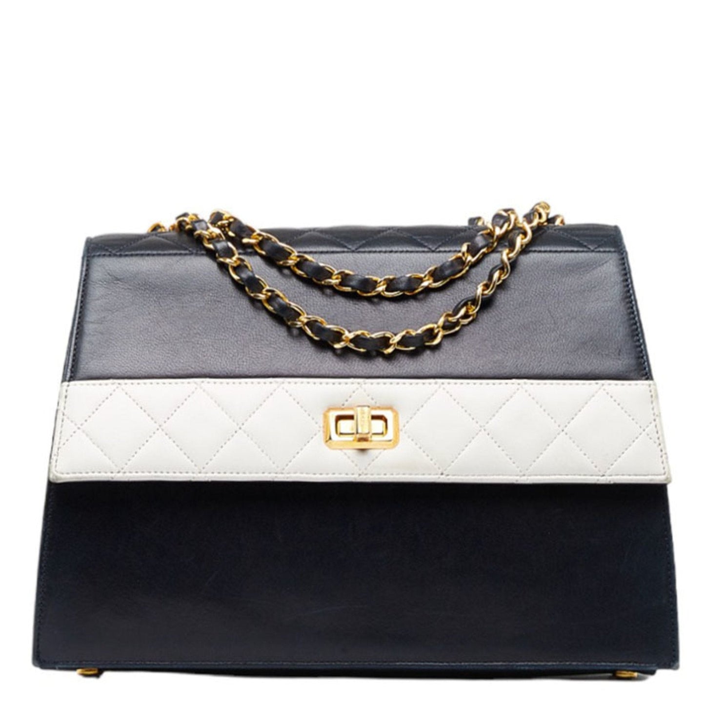 Luxury Chanel matelasse bicolor chain shoulder bag navy white lambskin ladies