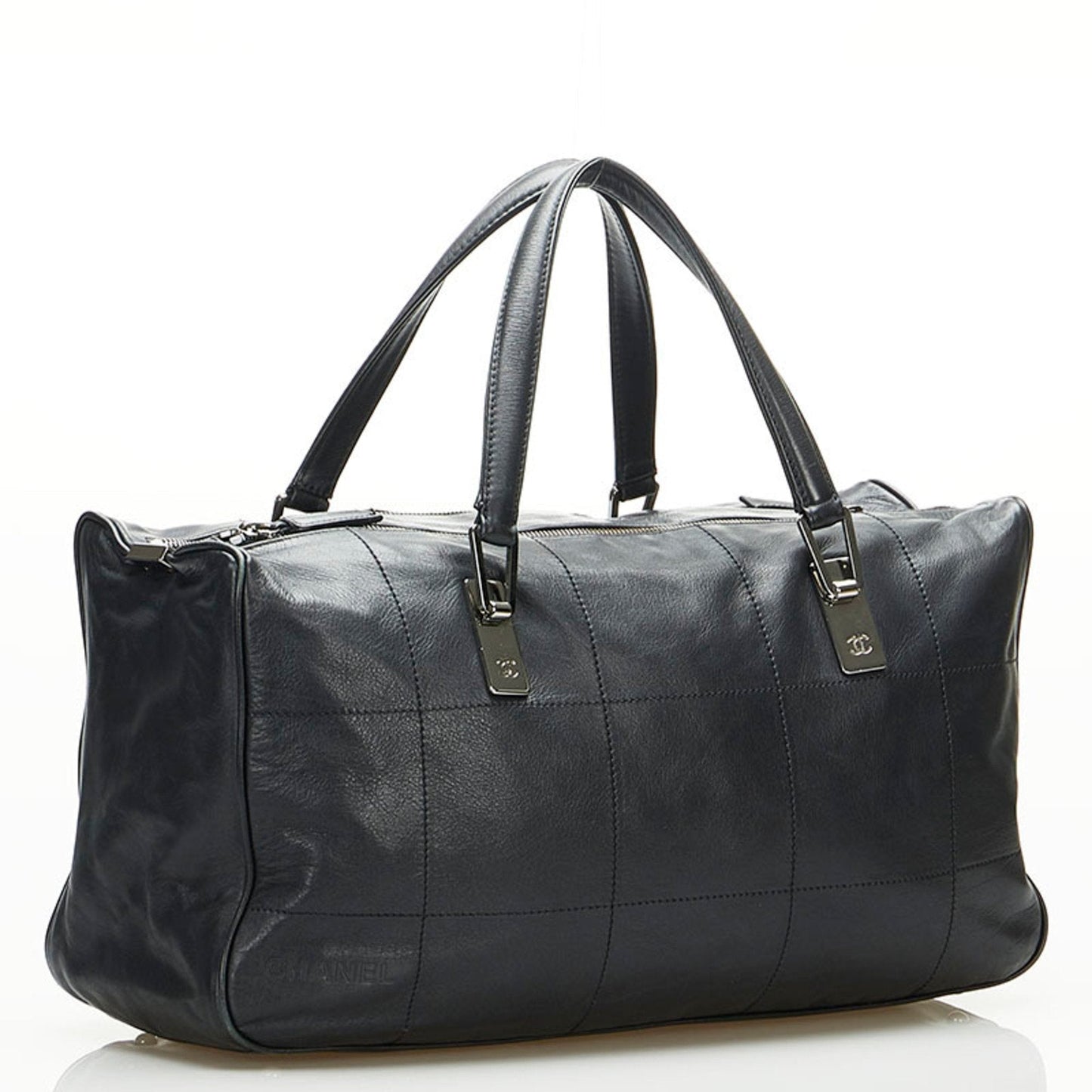 Luxury Chanel Chocolate Bar Coco Mark Handbag Boston Bag Black Leather Ladies