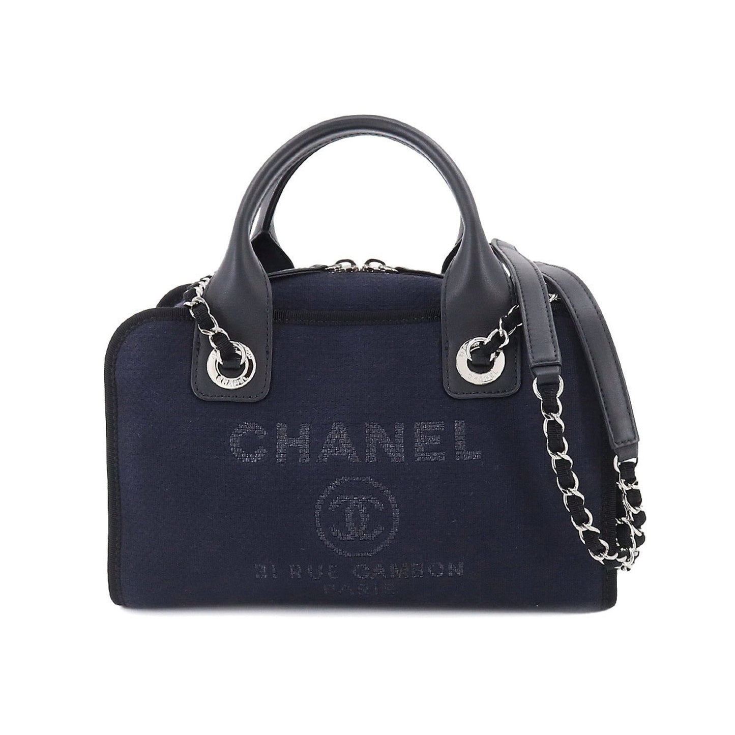 Luxury Chanel Deauville Bowling 2way Hand Chain Shoulder Bag Canvas Leather Navy A92749