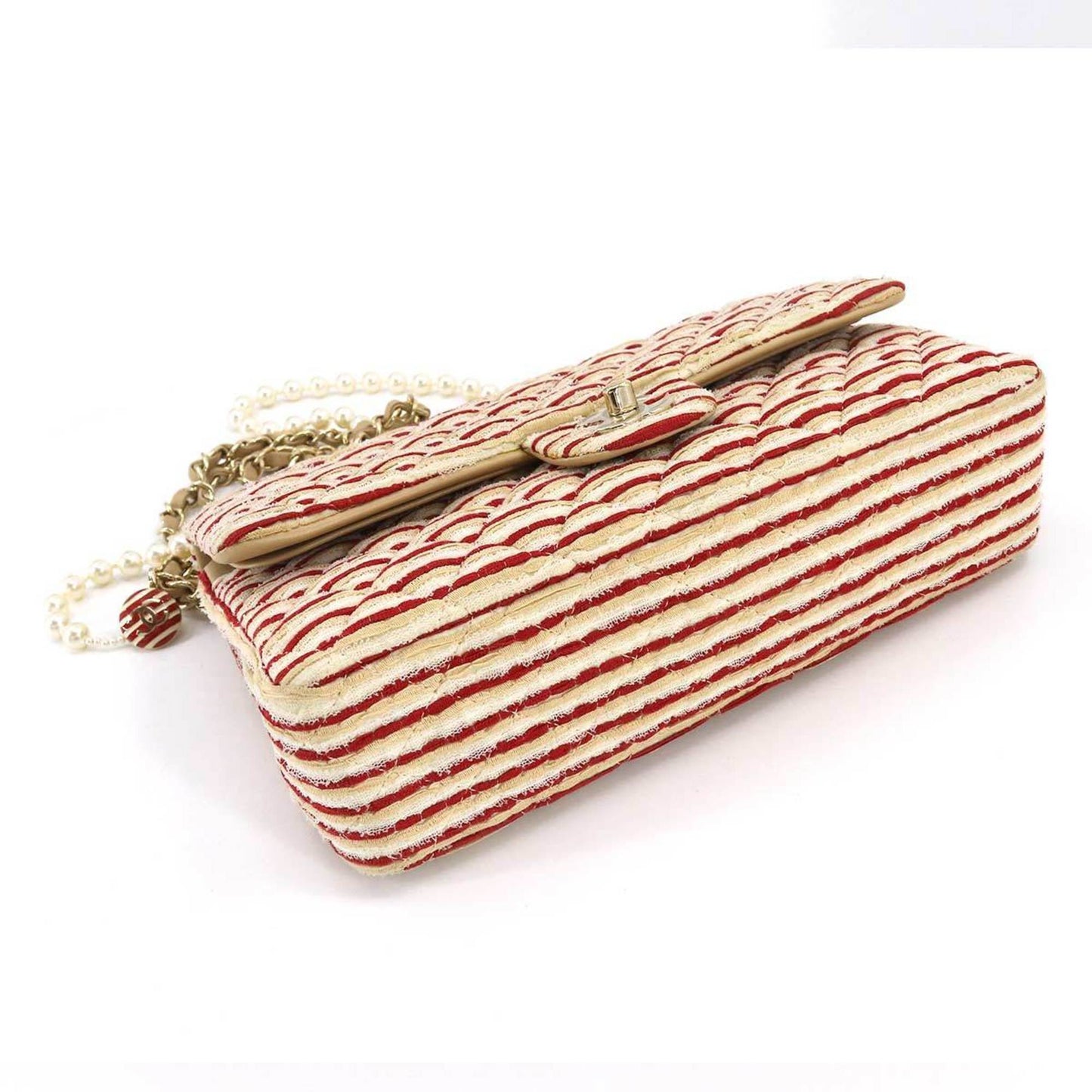Luxury Chanel Coco Sailor Matelasse Chain Shoulder Bag Pearl Strap Canvas Leather Beige Red Border A90100
