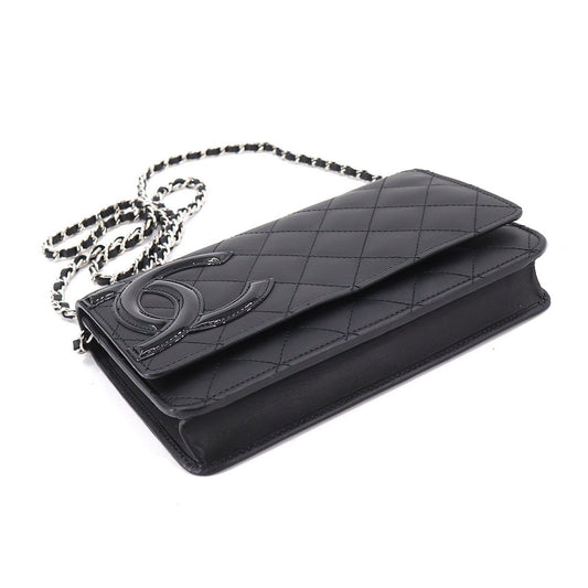 Luxury Chanel Cambon Line Chain Wallet Bifold Long Leather Enamel Black A46646