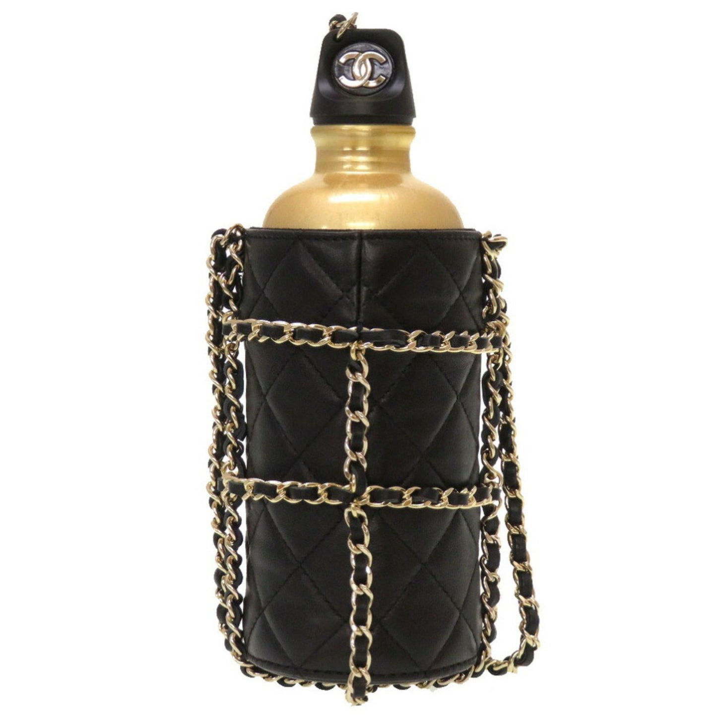 Luxury Chanel Lambskin Black 27th Flask Gold Chain Bottle Holder Matelasse Coco Mark Water Shoulder Bag