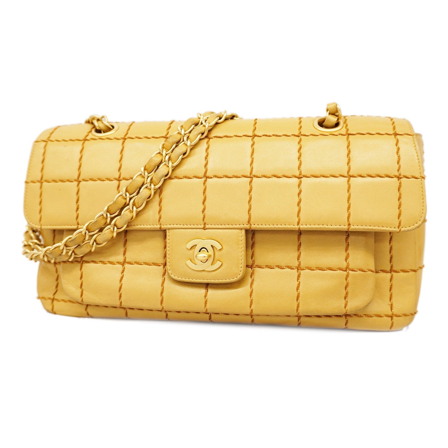 CHANELAuth  Chocolate Bar Shoulder Bag Wild Stitch W Chain Women's Bag Beige