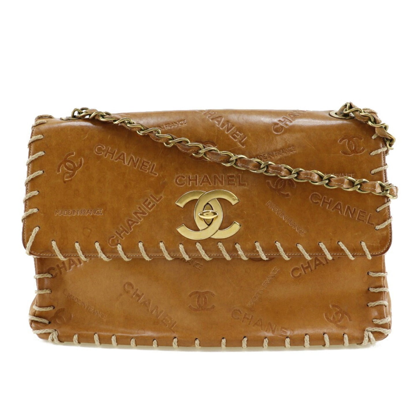 Luxury Chanel Chain Shoulder Bag Coco Mark Logo Vintage Tanned Leather Brown/Gold Hardware Women's