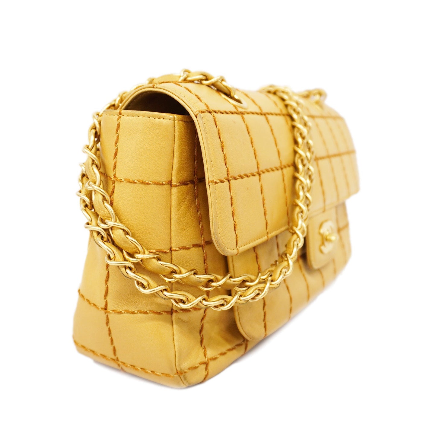 CHANELAuth  Chocolate Bar Shoulder Bag Wild Stitch W Chain Women's Bag Beige