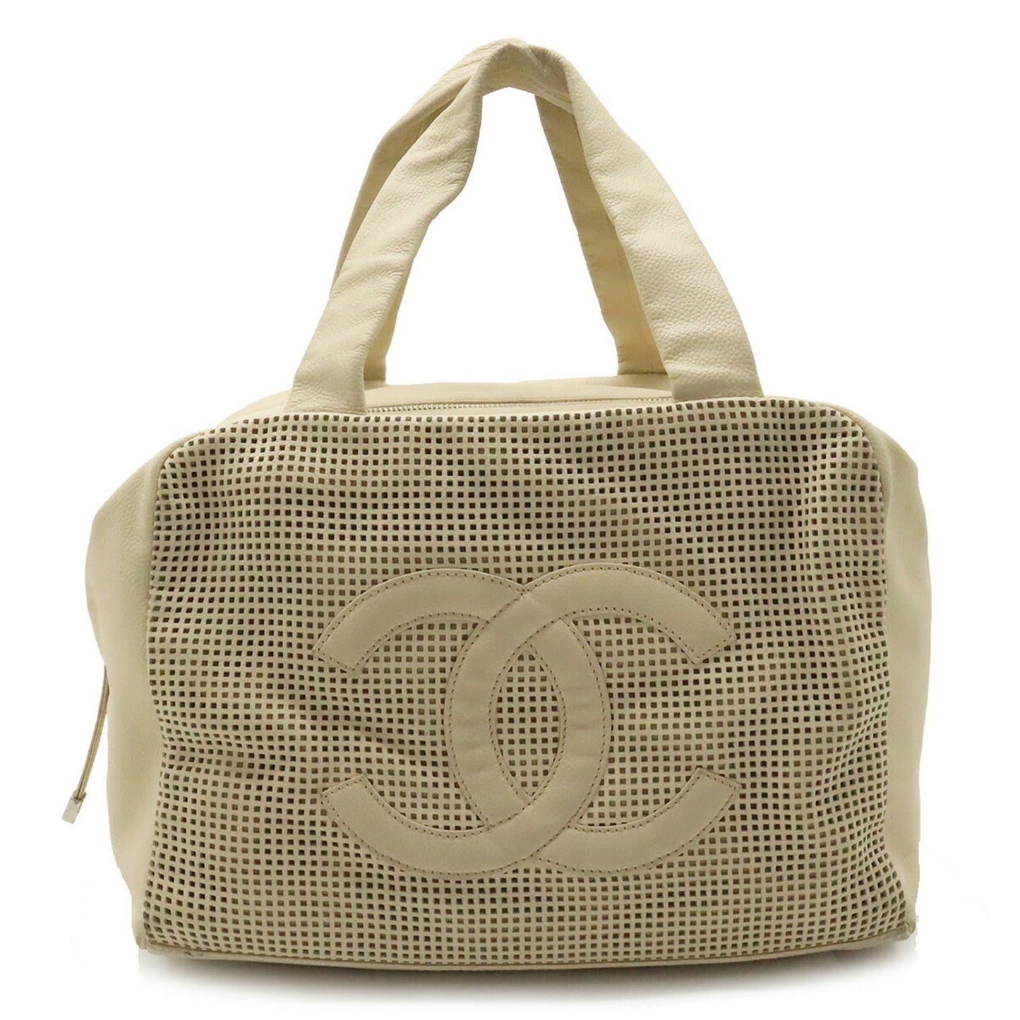 Luxury Chanel Cocomark Handbag Boston Punching Mesh Leather Beige