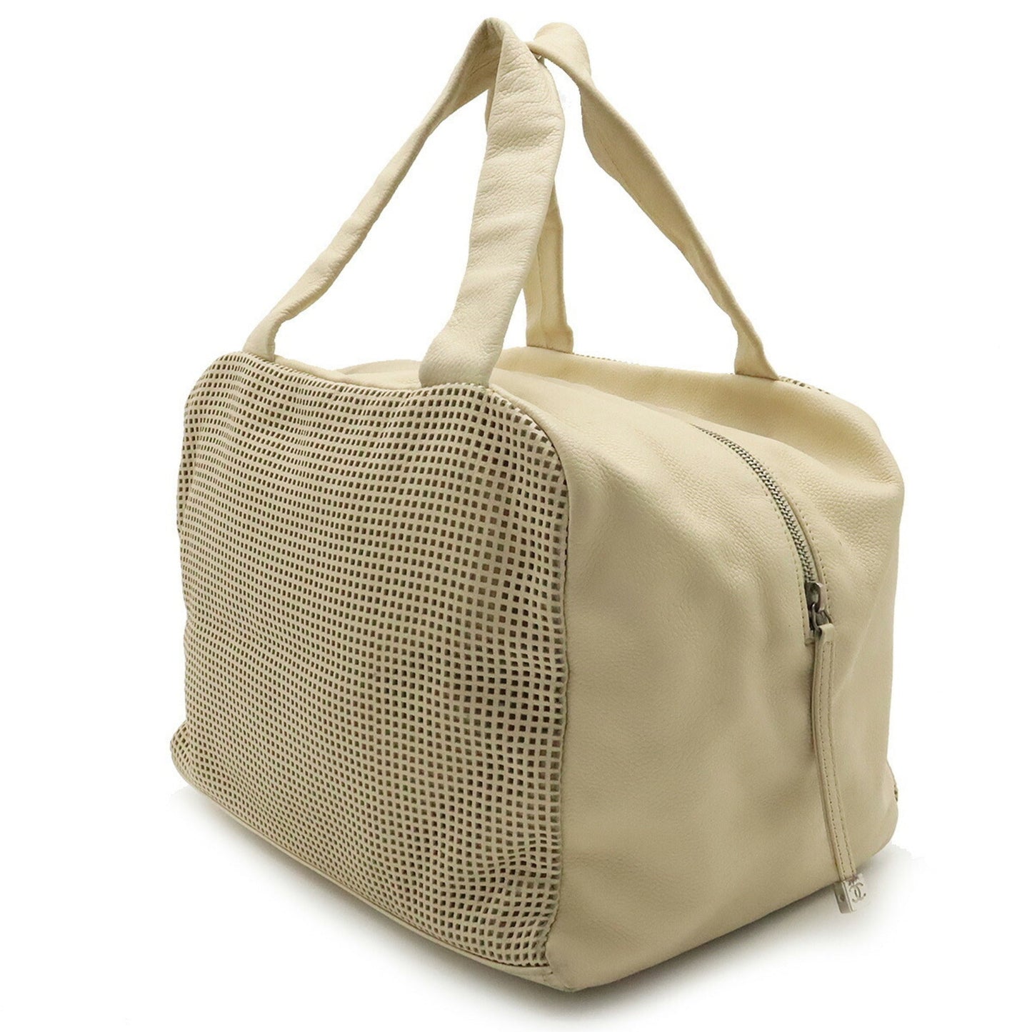 Luxury Chanel Cocomark Handbag Boston Punching Mesh Leather Beige
