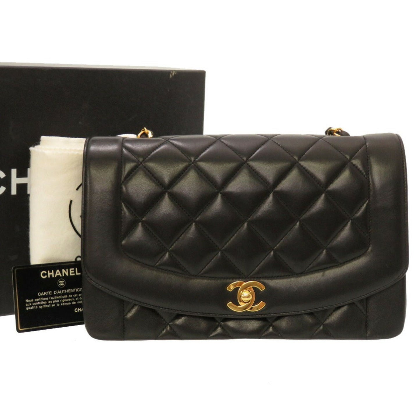 Luxury Chanel Diana 25 Medium Matelasse Lambskin Black Gold Chain Shoulder Bag Cocomark Turnlock