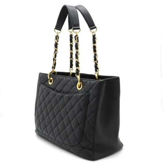 Luxury Chanel Matelasse Coco Mark Chain Tote Bag Shoulder Caviar Skin Leather Black A50995