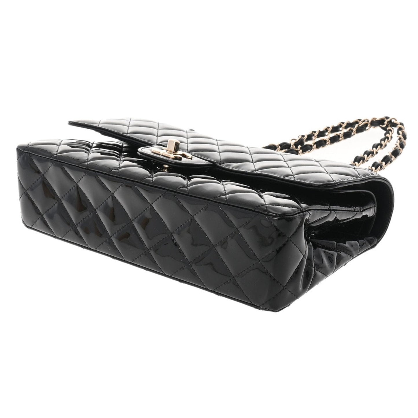 CHANEL matelasse W flap chain shoulder 25 black champagne ladies patent leather bag