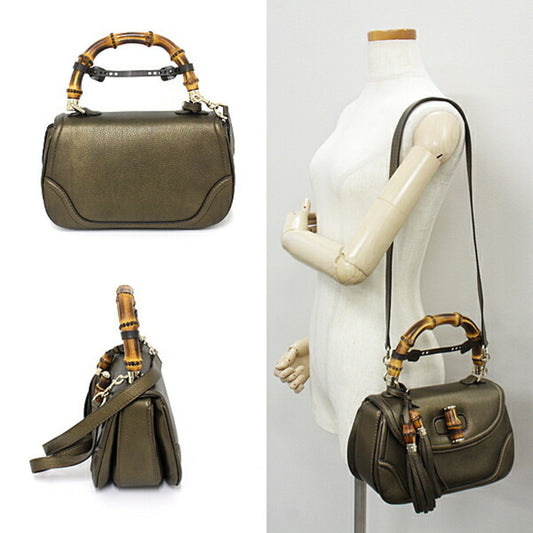 Luxury Gucci New Bamboo Handbag 254884 2WAY Shoulder Bag Tassel Leather Gold Metallic