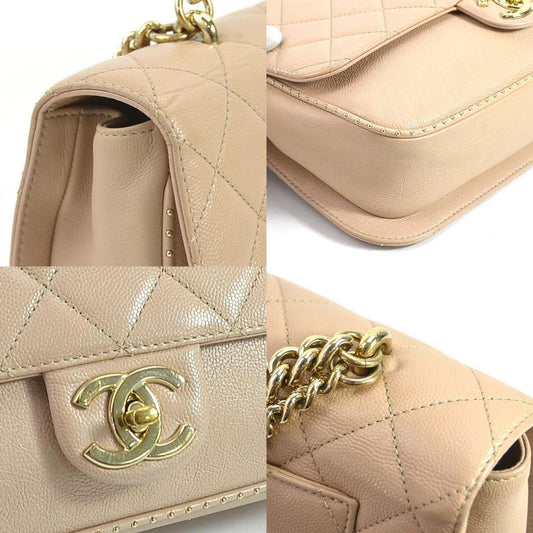 Luxury Chanel Diagonal Shoulder Bag Cocomark Matrasse Caviar Skin Leather Beige Gold Unisex 99540a