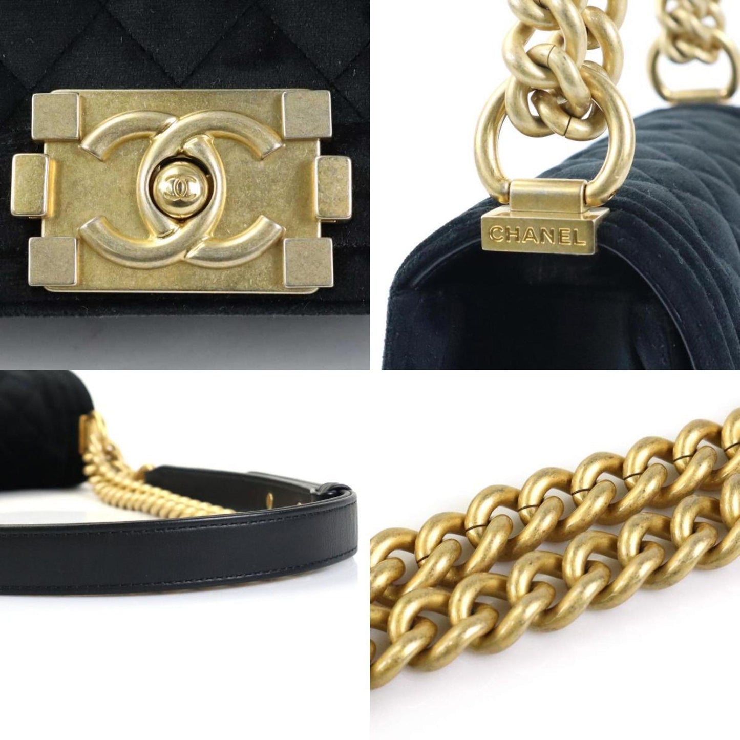 Luxury Chanel Crossbody Shoulder Bag Boy  Velor Black Gold Ladies