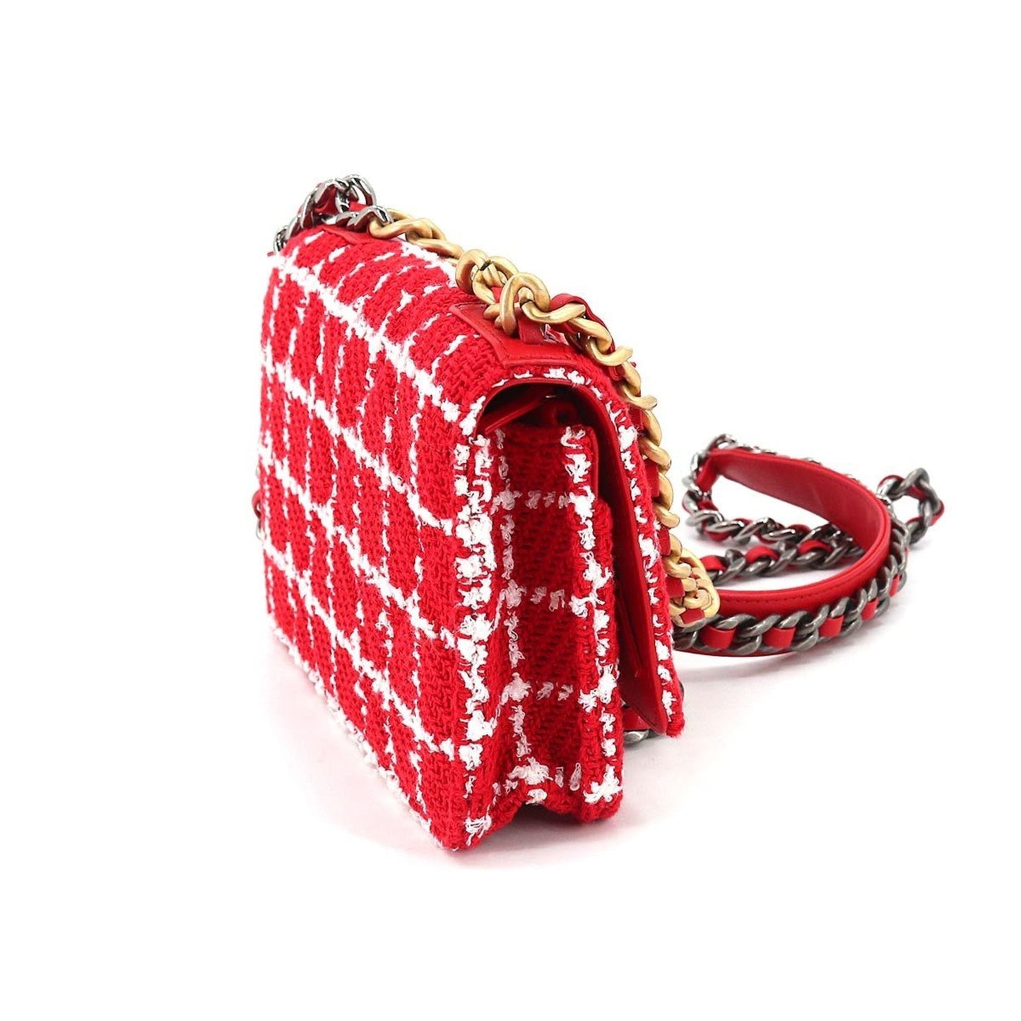Luxury Chanel 19 Chain Wallet Long Tweed Leather Red White Check AP3267