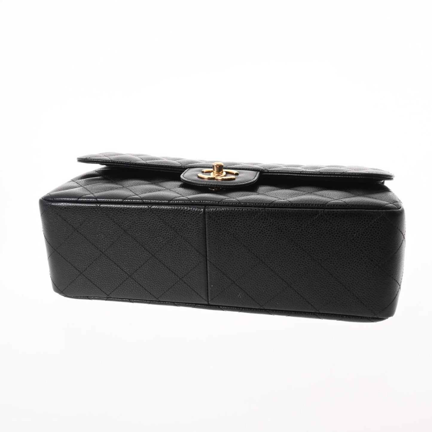 CHANEL matelasse chain shoulder W flap 30cm black ladies caviar skin bag