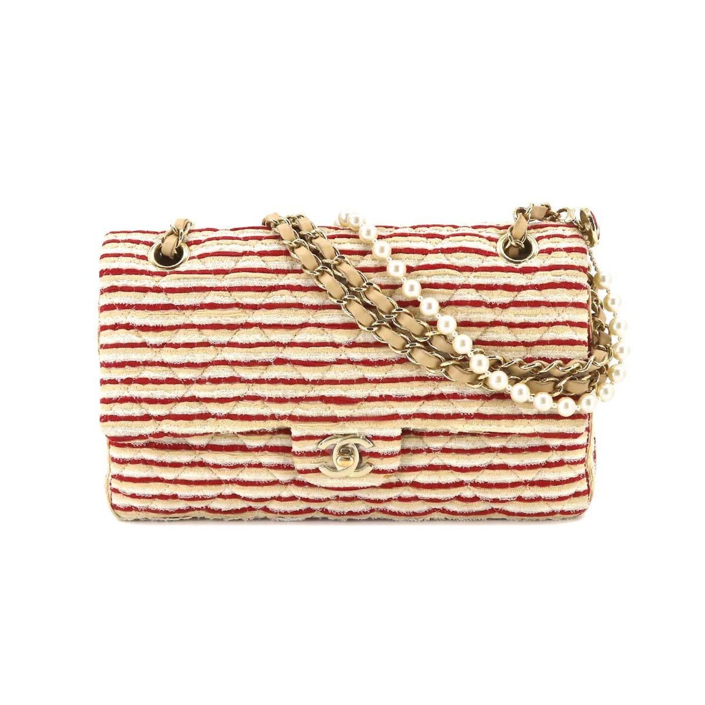Luxury Chanel Coco Sailor Matelasse Chain Shoulder Bag Pearl Strap Canvas Leather Beige Red Border A90100