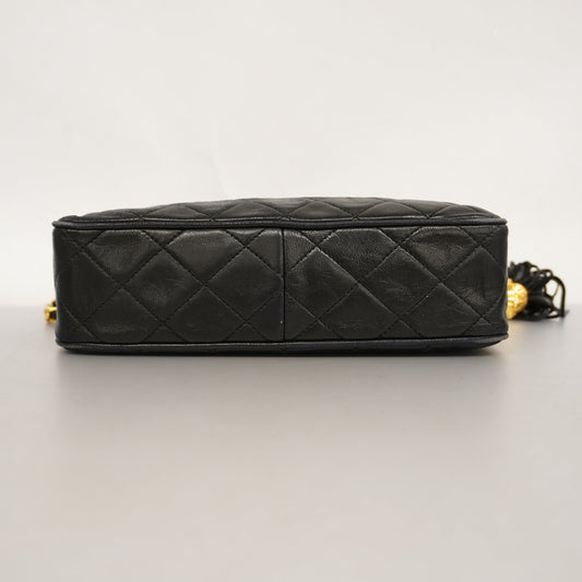 CHANEL  Matelasse Chain Shoulder With Fringes Leather Shoulder Bag Black