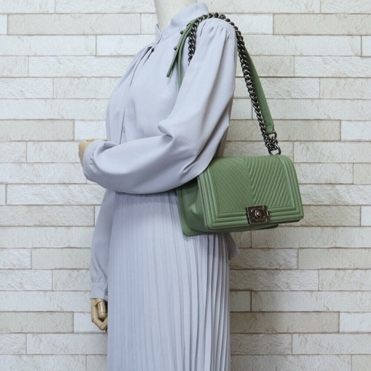 Luxury Chanel Boy  V Stitch Shoulder Bag Lambskin Green Women's