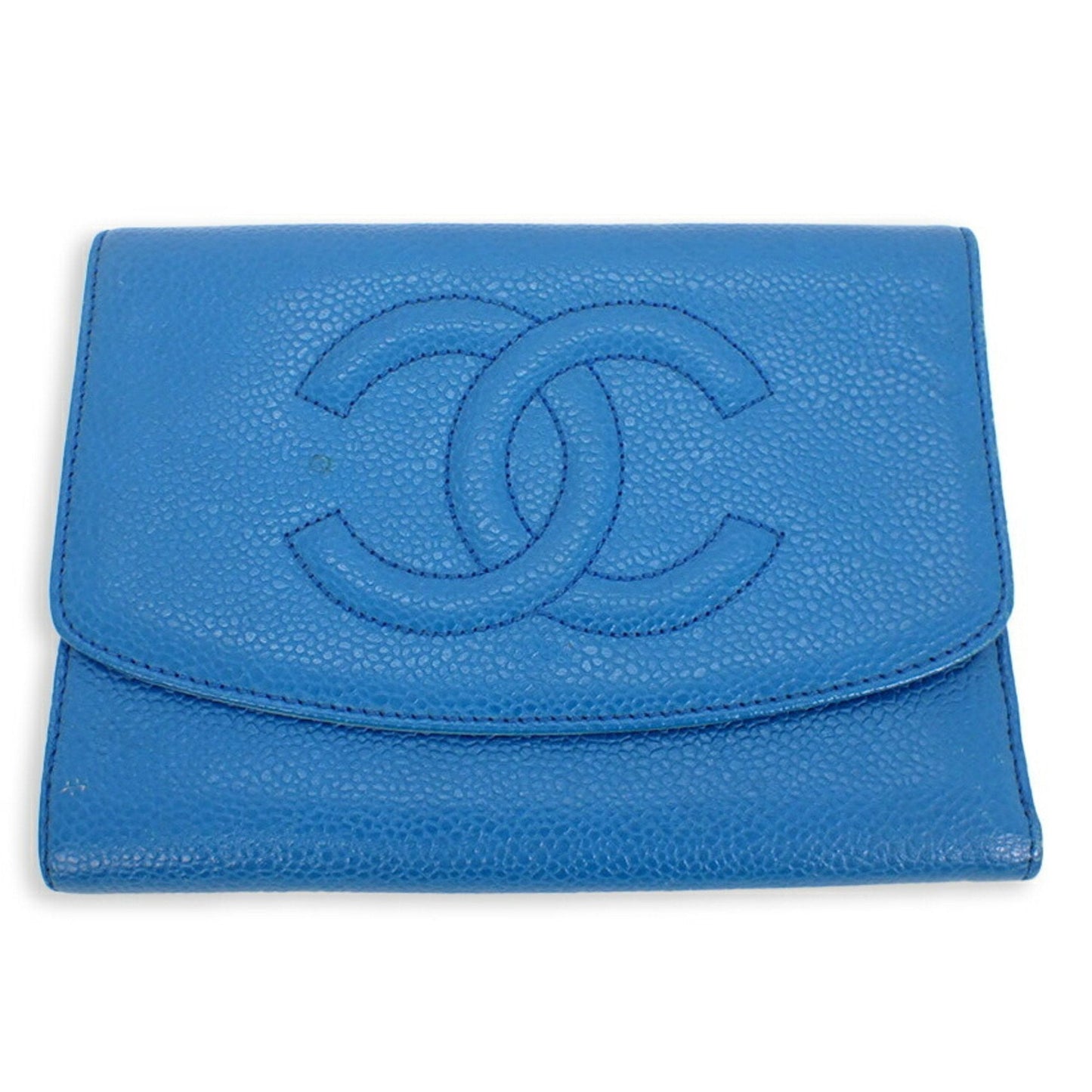 Luxury Chanel here mark caviar skin tri-fold wallet blue with seal No. 5