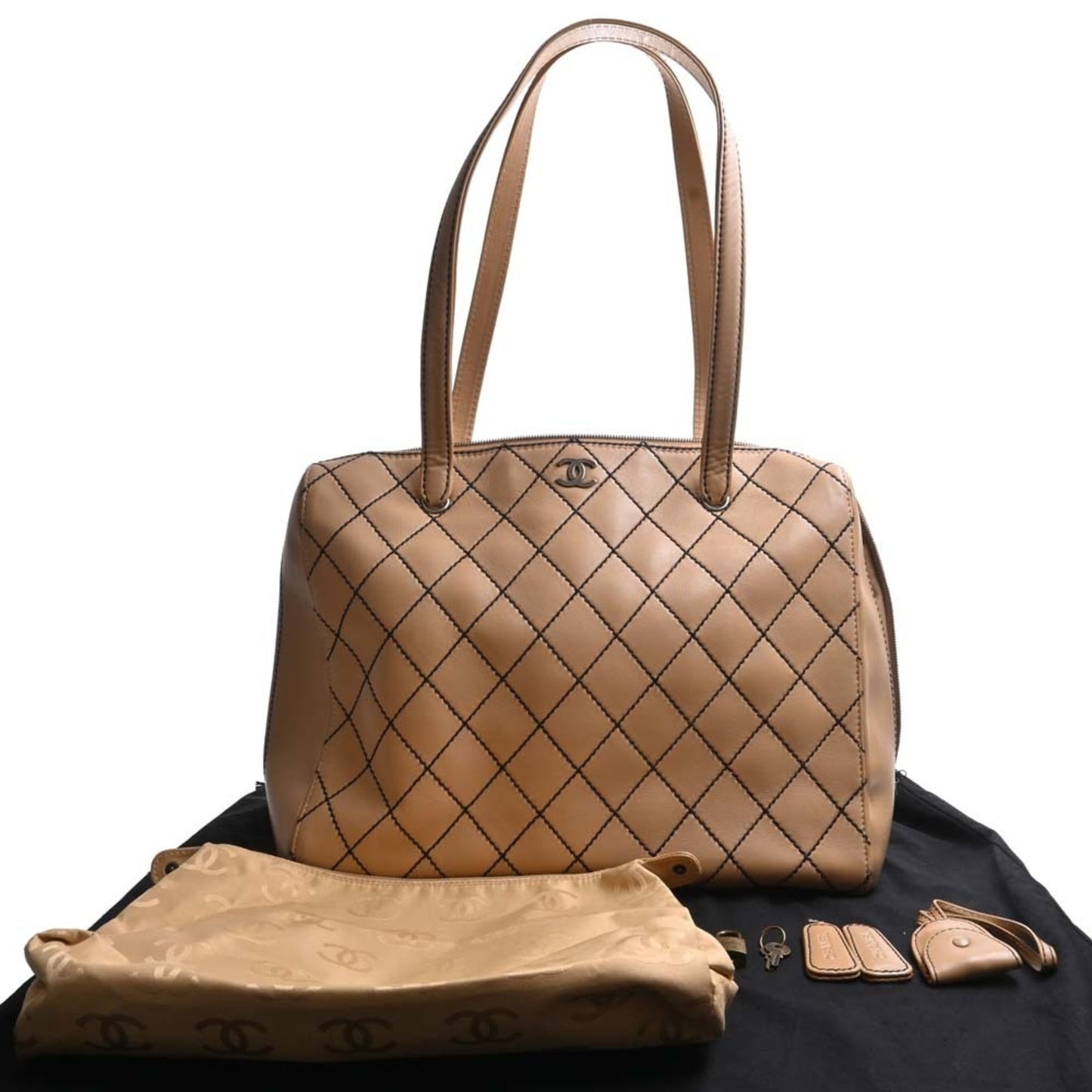 Luxury Chanel Leather Wild Stitch Coco Mark Tote Bag Beige Ladies
