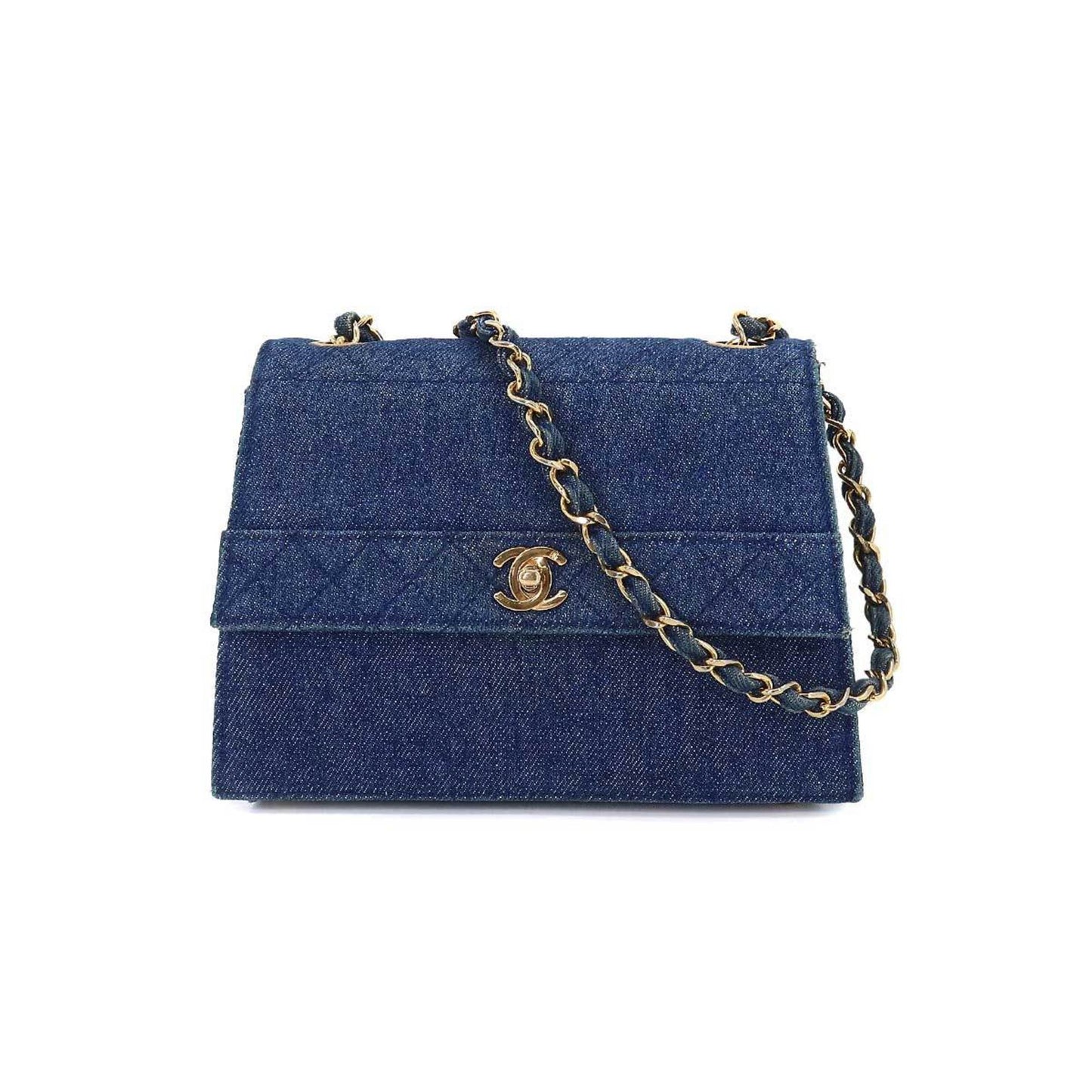 Luxury Chanel Chain Shoulder Bag Denim Blue Gold Hardware Vintage Matelasse