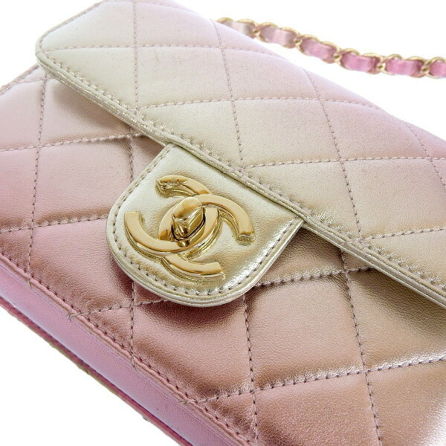 Luxury Chanel Leather Matelasse Coco Mark Chain Shoulder Bag Metallic Pink Ladies
