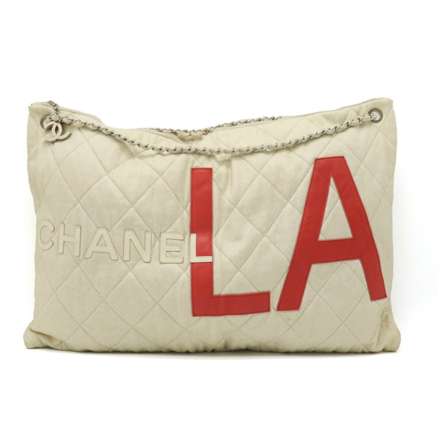 Luxury Chanel LA cruise line chain shoulder bag cotton jersey lame ivory red