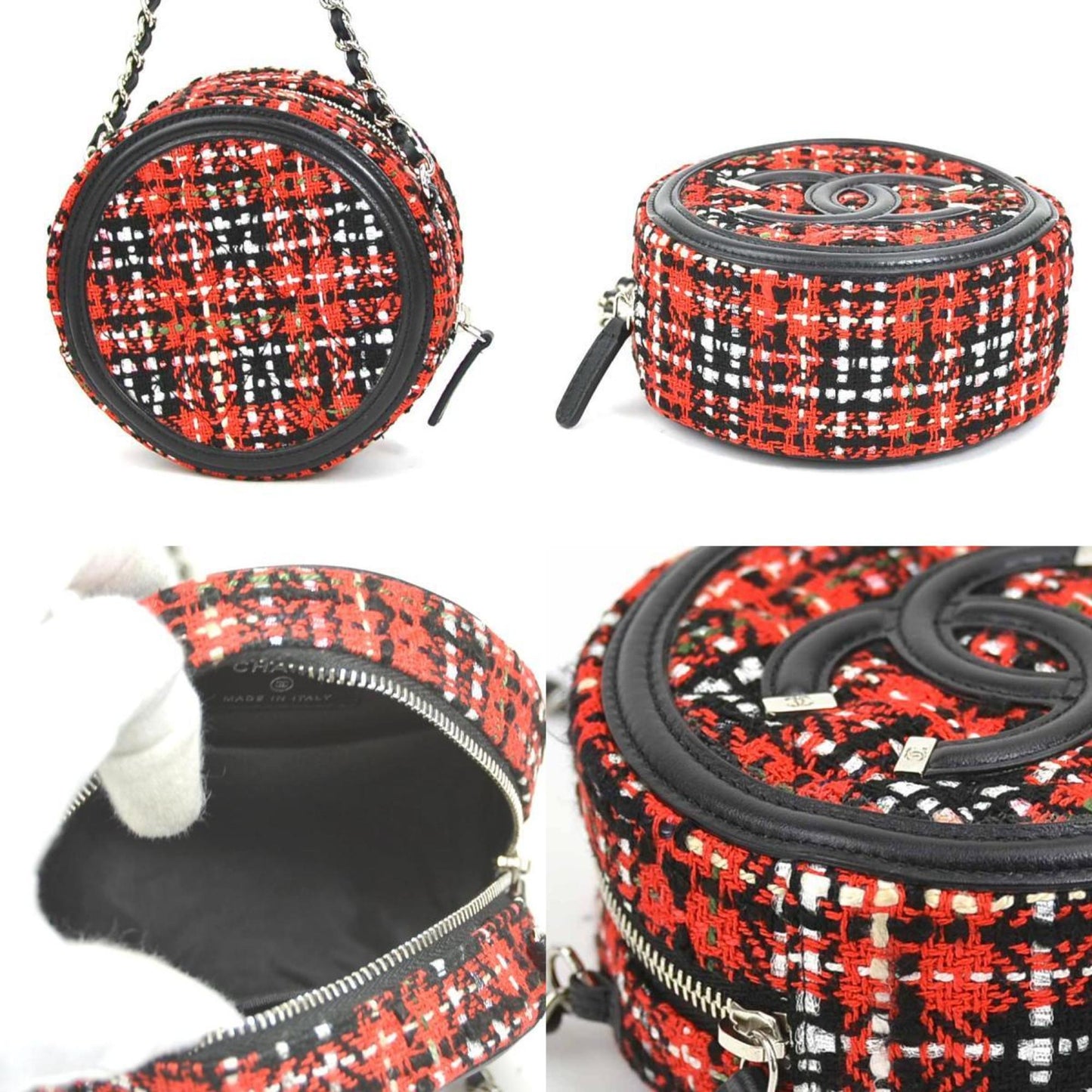 Luxury Chanel Crossbody Shoulder Bag Coco Mark Tweed/Leather/Metal Red/Black/Silver Women's