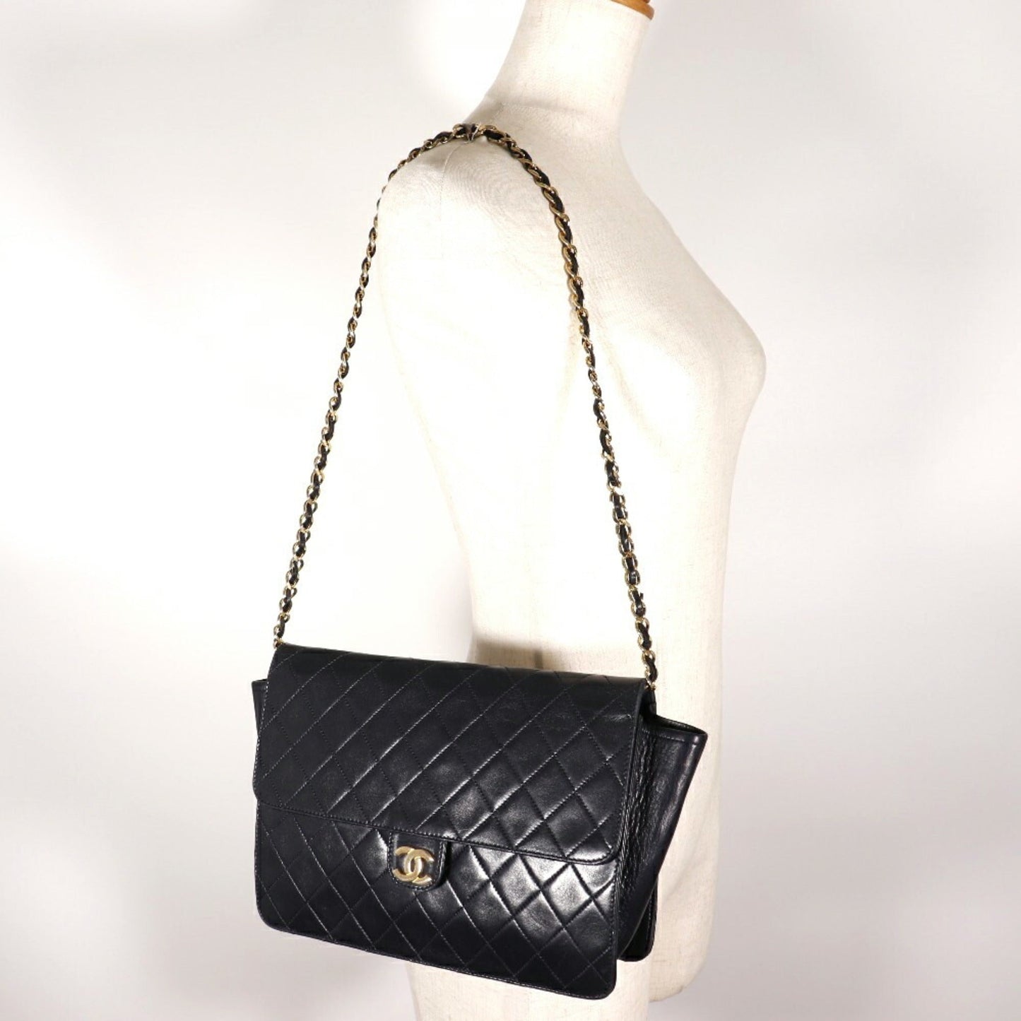 CHANEL Matrasse Shoulder Bag Coco Mark Lambskin Made in France Black/Gold Hardware Snap Button Women's
