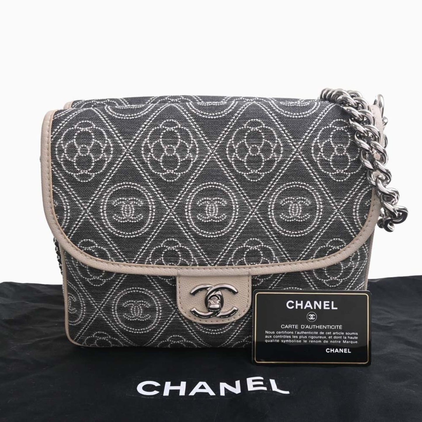 Luxury Chanel Canvas Camellia Coco Mark Chain Shoulder Bag Gray Ladies