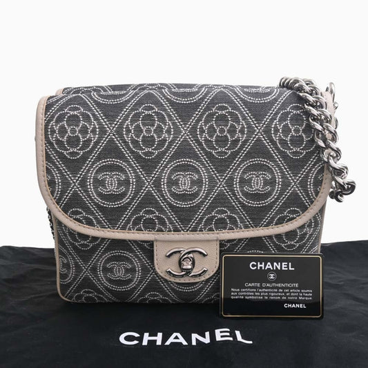 Luxury Chanel Canvas Camellia Coco Mark Chain Shoulder Bag Gray Ladies