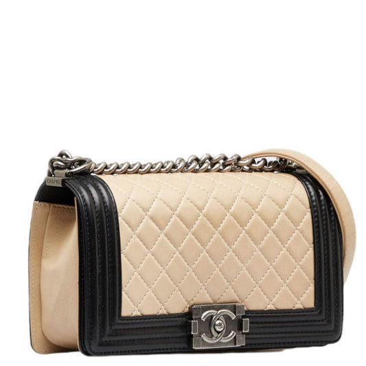 Luxury Chanel Boy Coco Mark Bicolor Chain Shoulder Bag Beige Black Lambskin Ladies