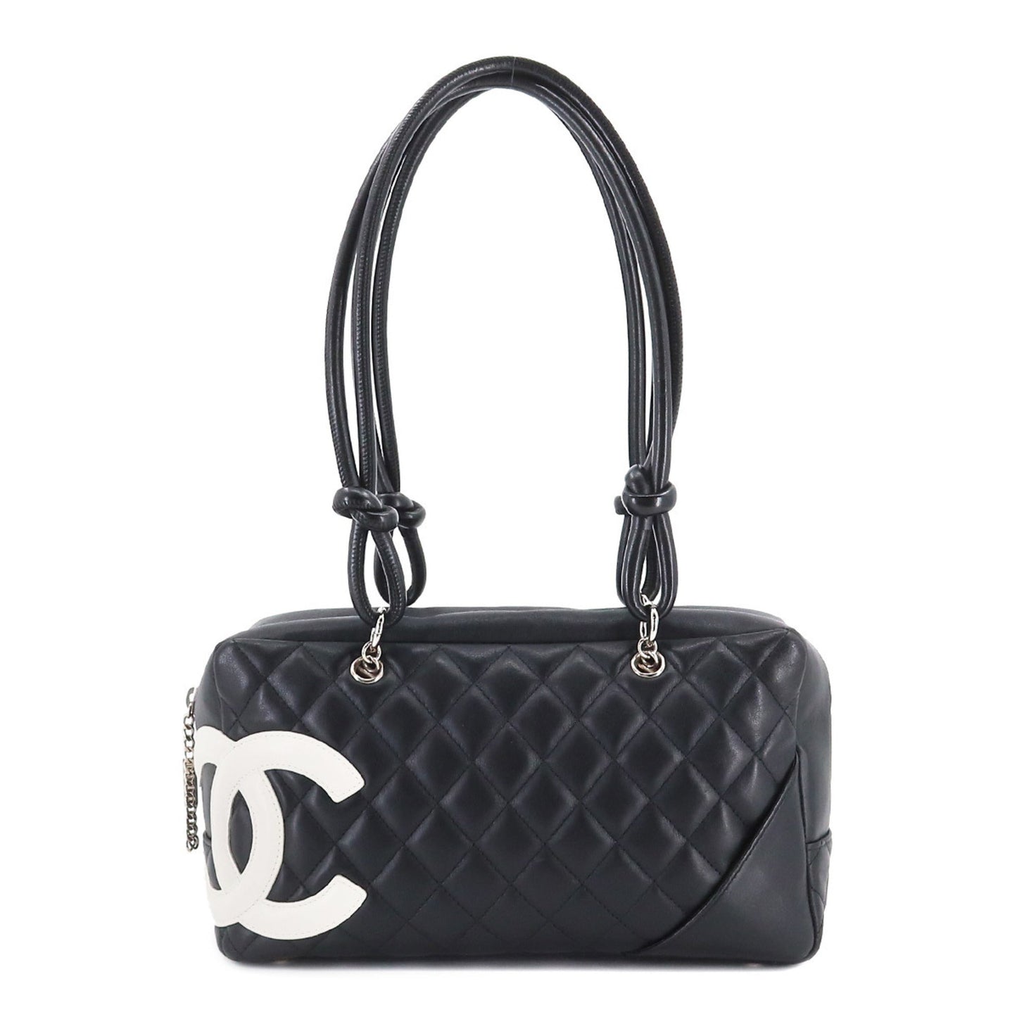 Luxury Chanel Cambon Line Bowling Shoulder Bag Leather Black White A25171