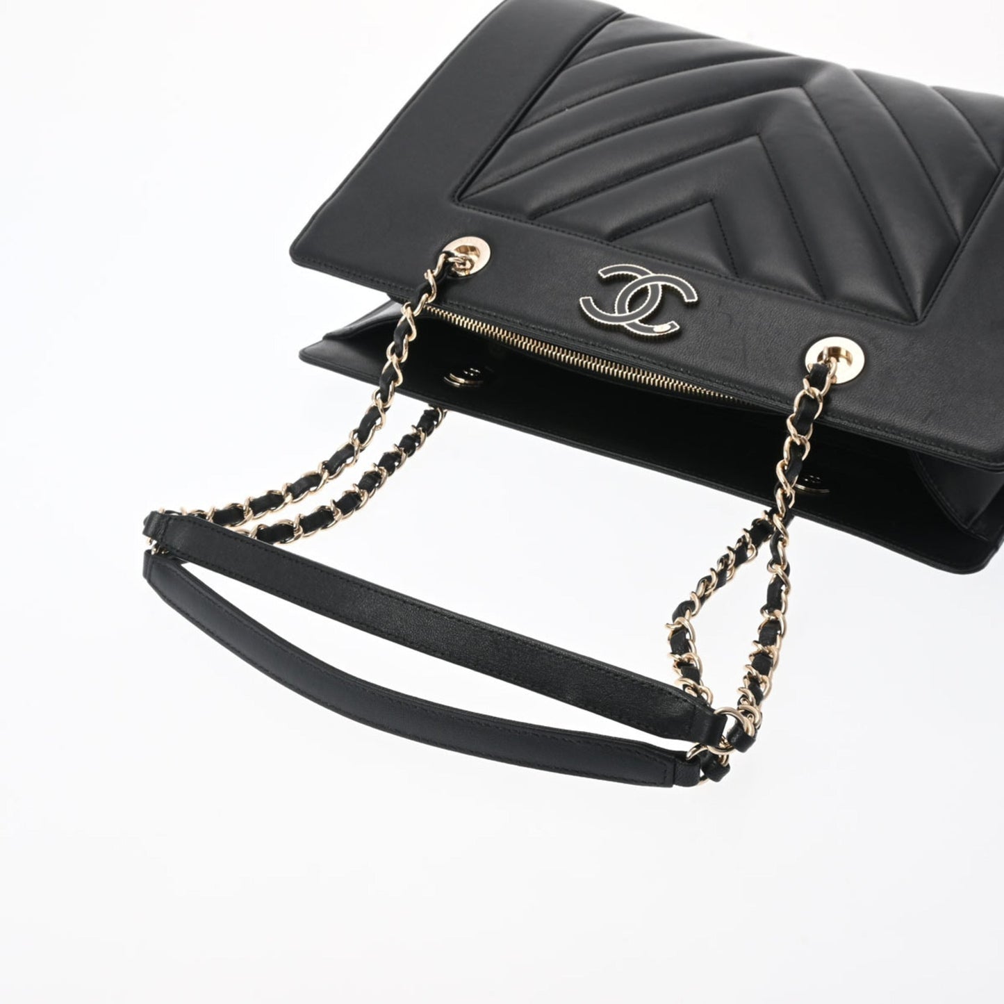 Luxury Chanel V Stitch Chain Tote Black Women's Leather Bag