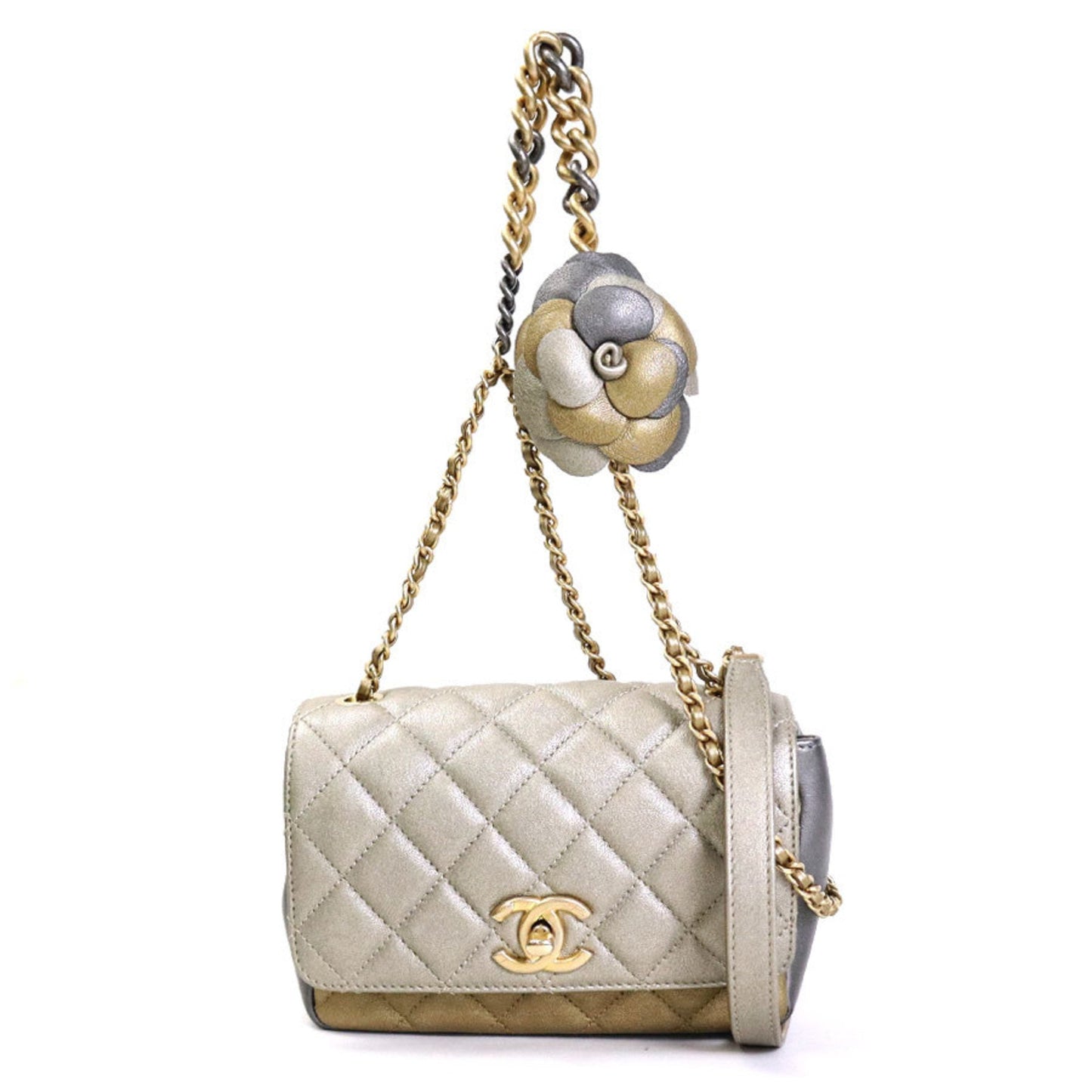 Luxury Chanel Diagonal Shoulder Bag Matelasse Camellia Leather/Metal Greige/Gold/Gray Women's e55934a