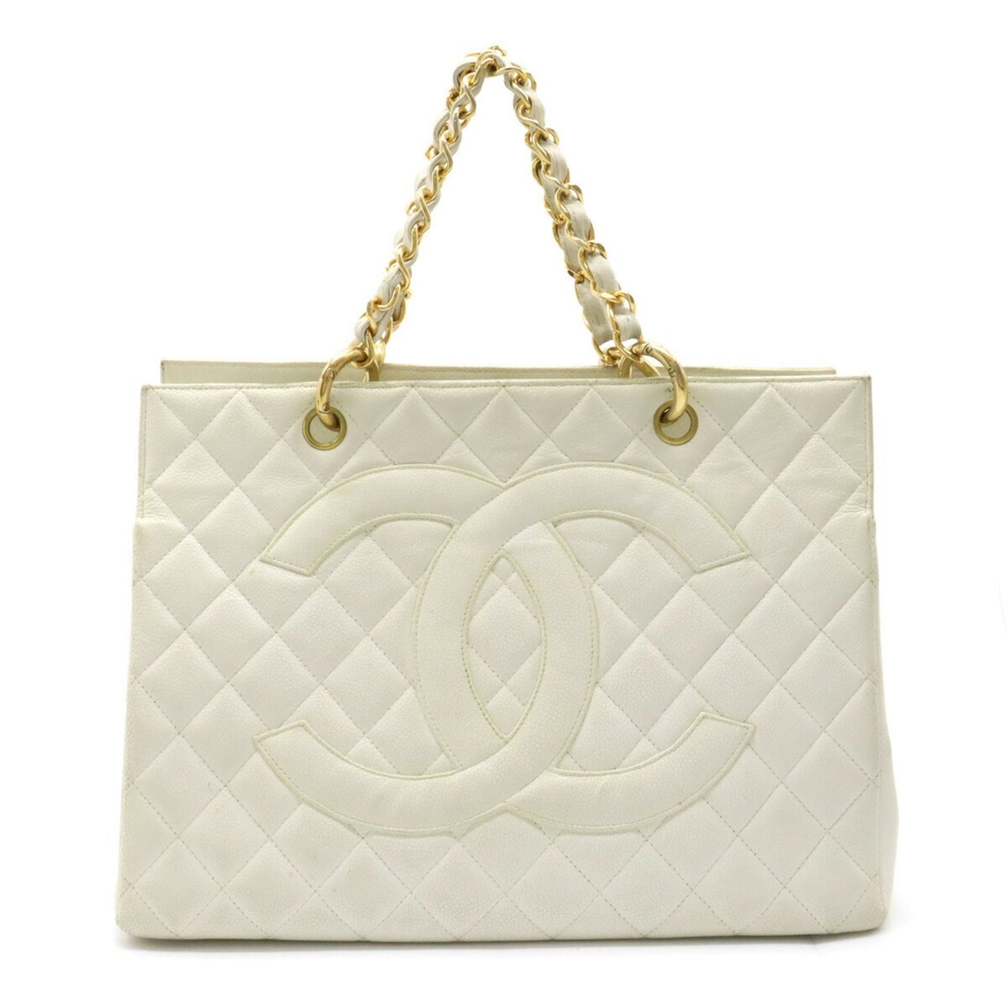 Luxury Chanel Matelasse Coco Mark Chain Bag Tote Handbag Caviar Skin Leather White