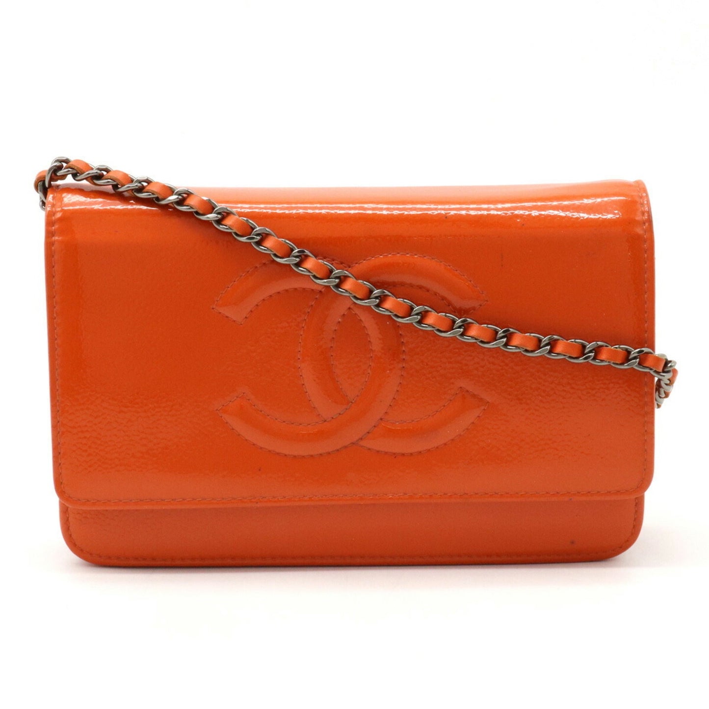 Luxury Chanel Coco Mark Chain Shoulder Bag Patent Leather Enamel Orange 8654