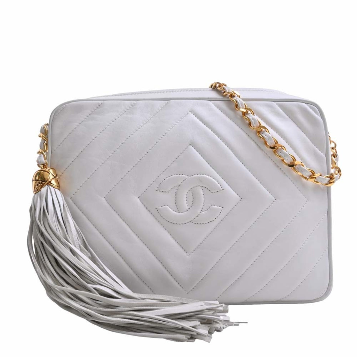 Luxury Chanel Leather Coco Mark Chain Shoulder Bag White Ladies