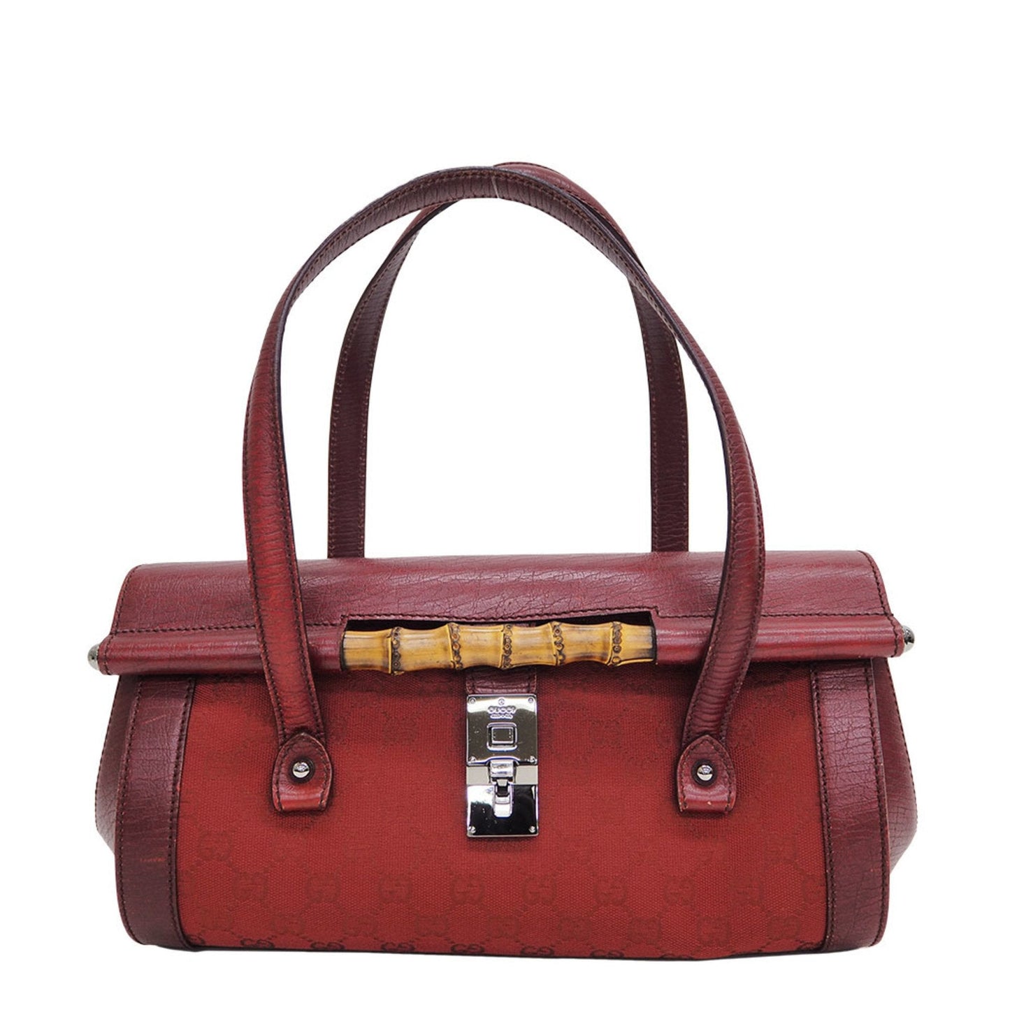 Luxury Gucci 111713 GG canvas bamboo handbag red tubular shoulder