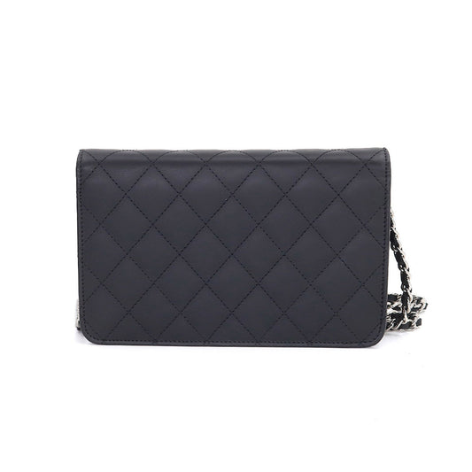Luxury Chanel Cambon Line Chain Wallet Bifold Long Leather Enamel Black A46646