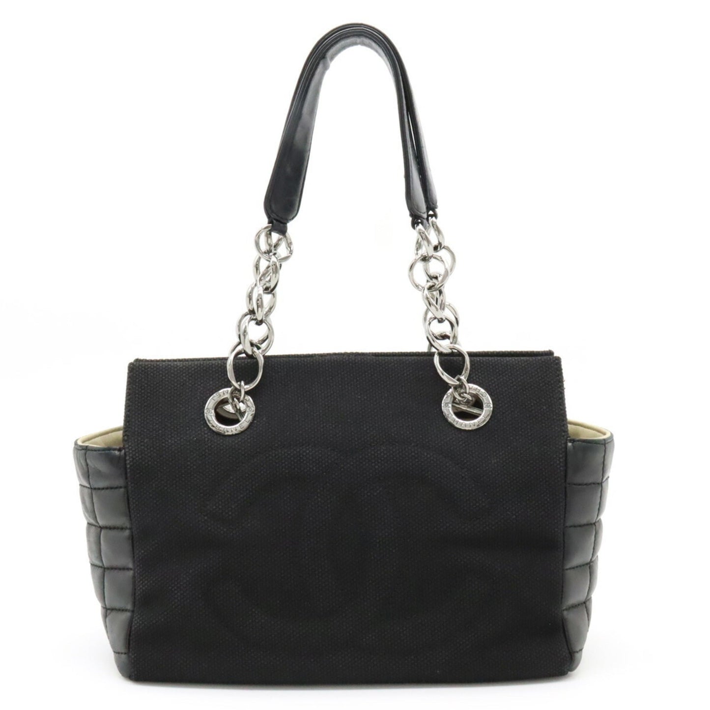 Luxury Chanel Chocolate Bar Coco Mark Chain Shoulder Bag Tote Quilted Net Canvas Leather Black