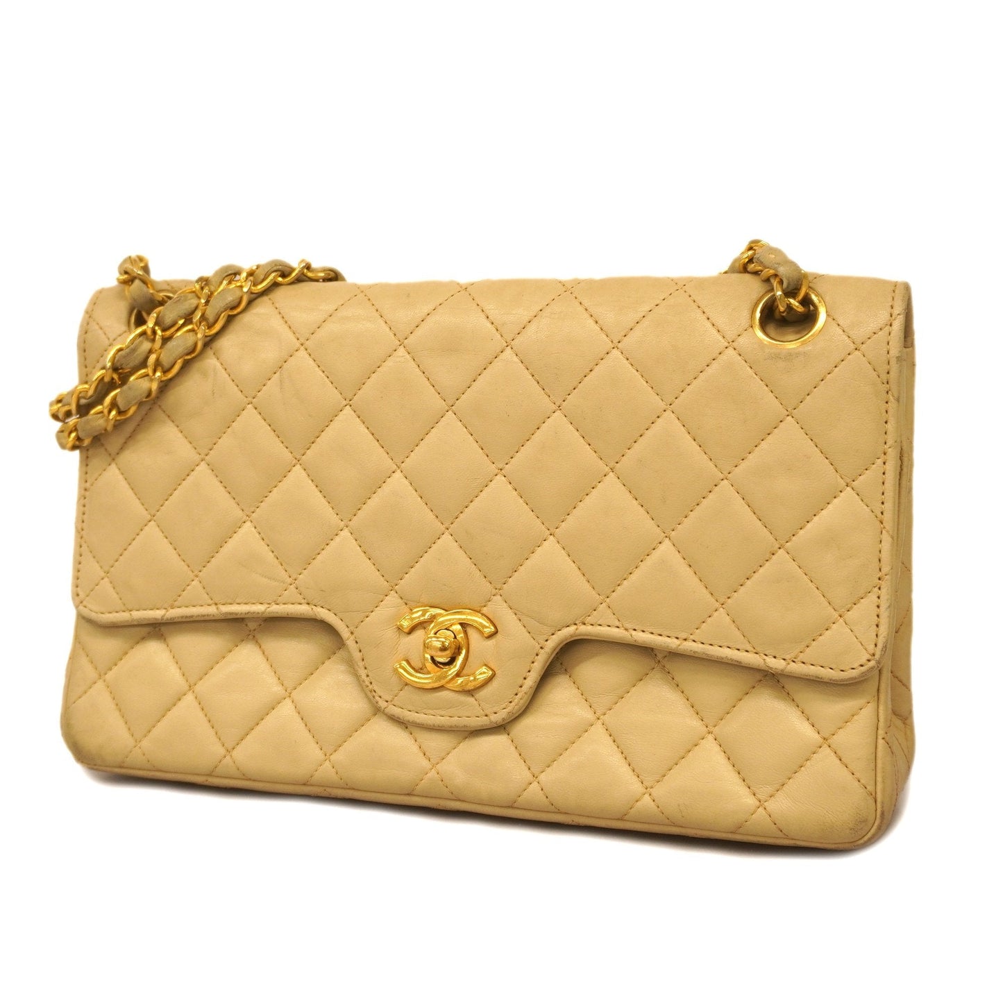 CHANEL  Matelasse W Flap W Chain Women's Leather Shoulder Bag Beige